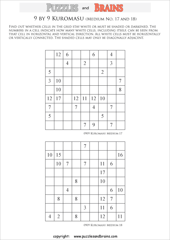 printable medium level 9 by 9 Kuromasu logic puzzles for young and old