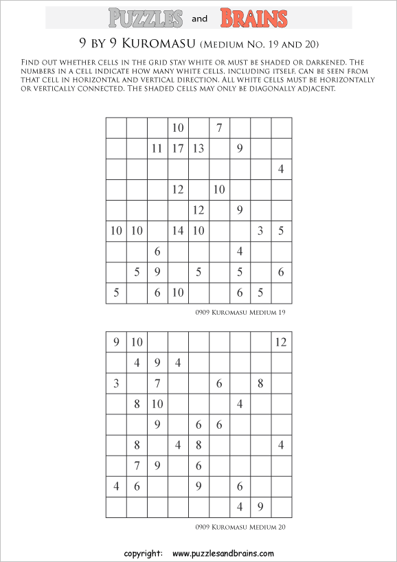 printable medium level 9 by 9 Kuromasu logic puzzles for young and old