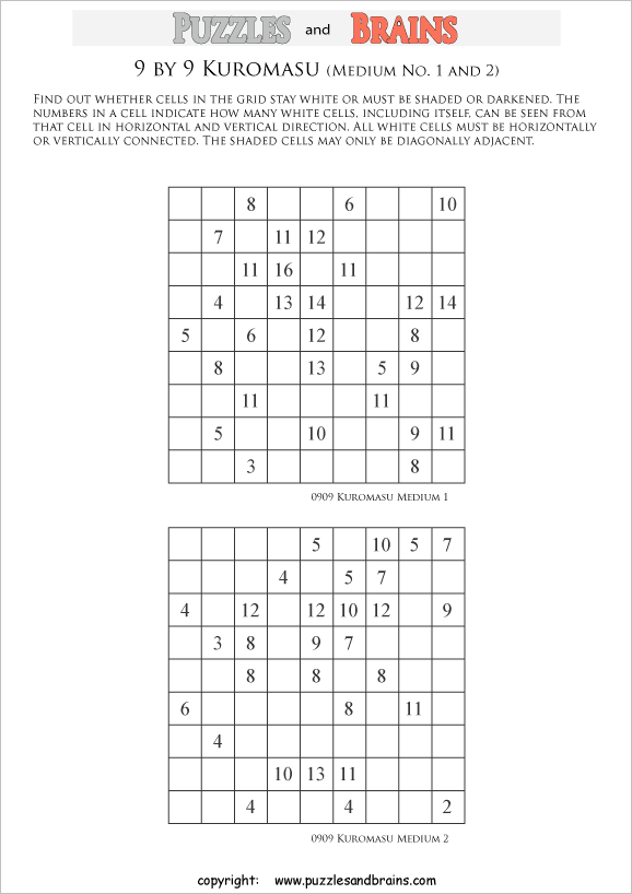 printable medium level 9 by 9 Kuromasu logic puzzles for young and old