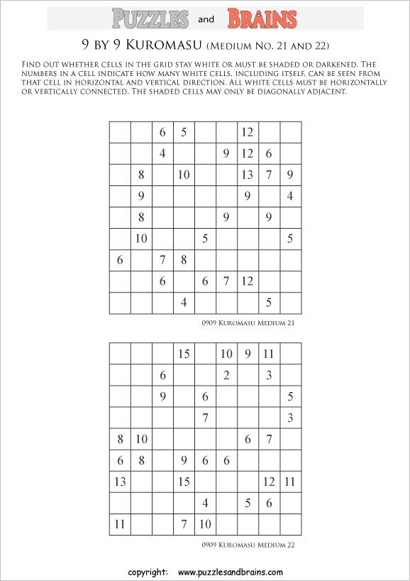 printable medium level 9 by 9 Kuromasu logic puzzles for young and old