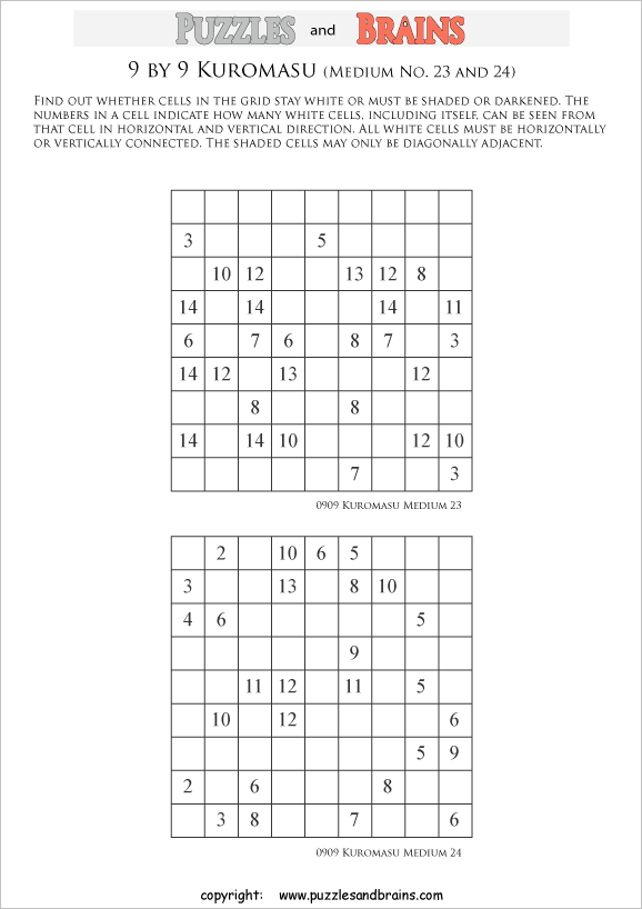 printable medium level 9 by 9 Kuromasu logic puzzles for young and old