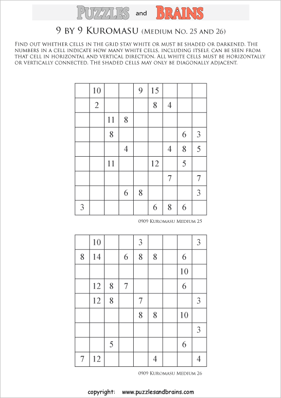 printable medium level 9 by 9 Kuromasu logic puzzles for young and old