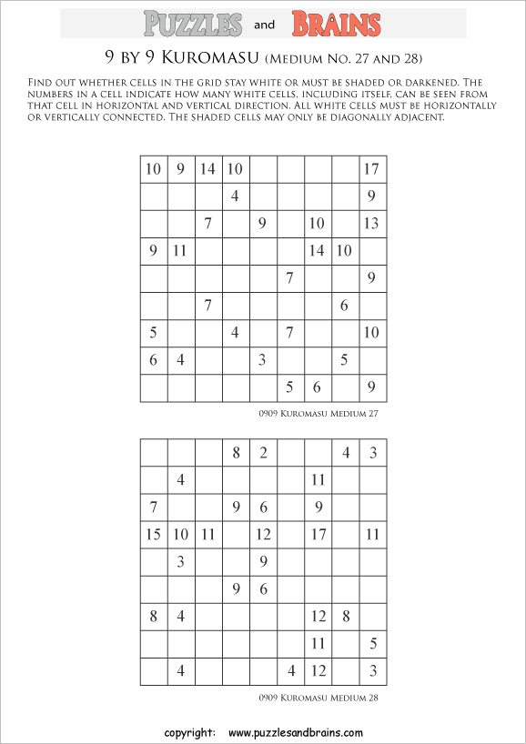 printable medium level 9 by 9 Kuromasu logic puzzles for young and old