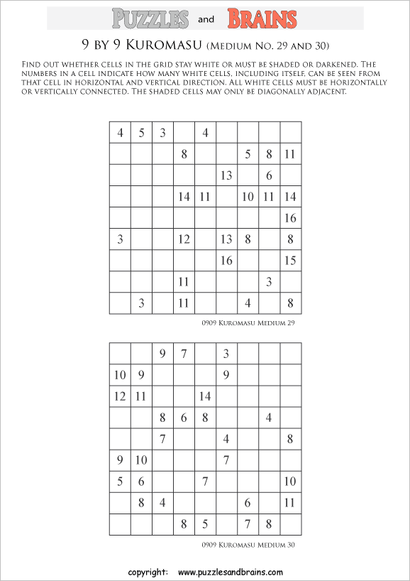 printable medium level 9 by 9 Kuromasu logic puzzles for young and old