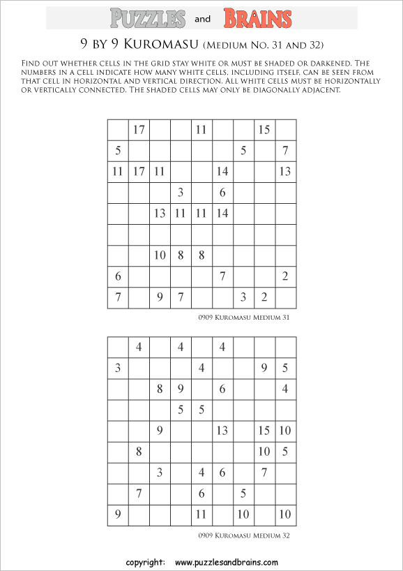 printable medium level 9 by 9 Kuromasu logic puzzles for young and old