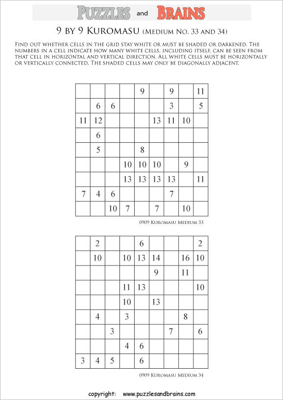 printable medium level 9 by 9 Kuromasu logic puzzles for young and old