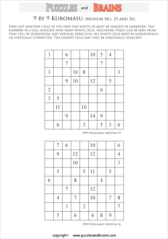 printable medium level 9 by 9 Kuromasu logic puzzles for young and old