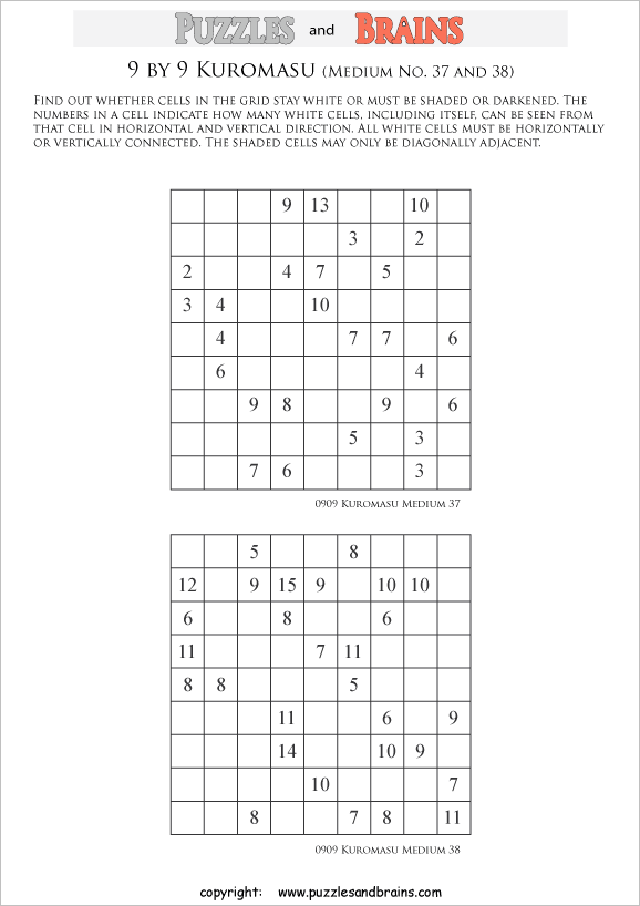 printable medium level 9 by 9 Kuromasu logic puzzles for young and old