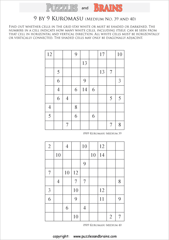 printable medium level 9 by 9 Kuromasu logic puzzles for young and old