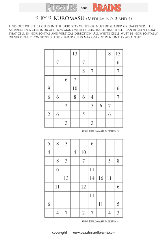 printable medium level 9 by 9 Kuromasu logic puzzles for young and old