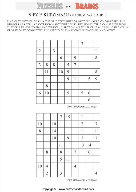 printable medium level 9 by 9 Kuromasu logic puzzles for young and old