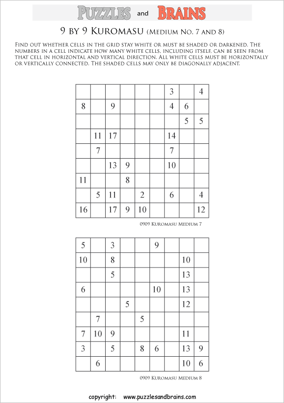 printable medium level 9 by 9 Kuromasu logic puzzles for young and old