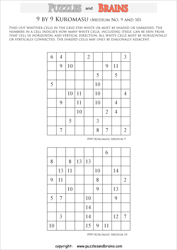 printable medium level 9 by 9 Kuromasu logic puzzles for young and old