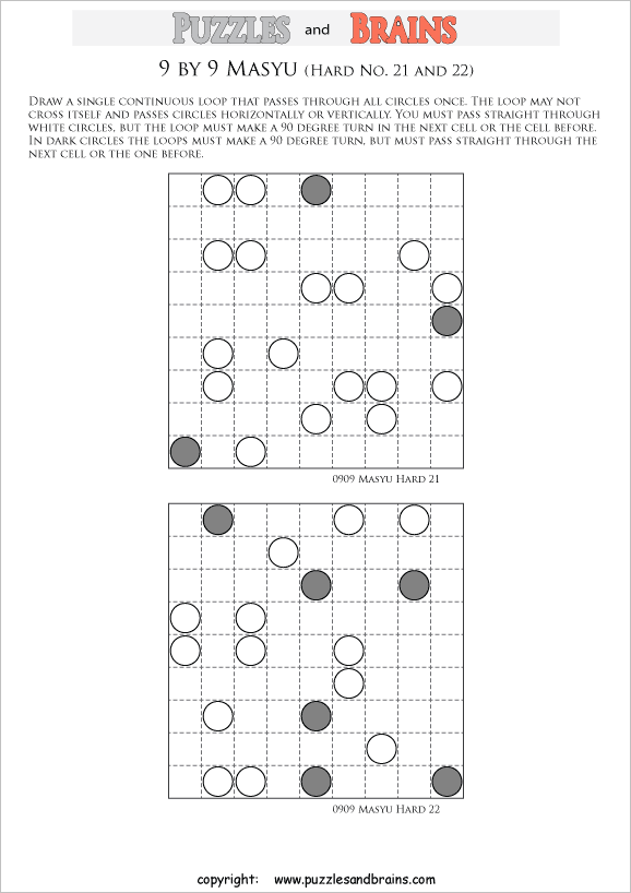 printable difficult level 9 by 9 Japanese Masyu Circles logic puzzles for young and old.