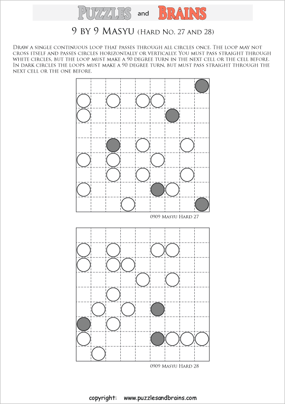 printable difficult level 9 by 9 Japanese Masyu Circles logic puzzles for young and old.