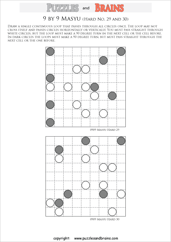 printable difficult level 9 by 9 Japanese Masyu Circles logic puzzles for young and old.