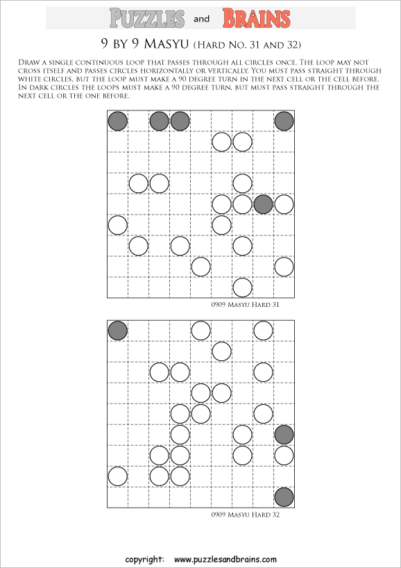 printable difficult level 9 by 9 Japanese Masyu Circles logic puzzles for young and old.