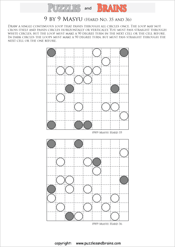 printable difficult level 9 by 9 Japanese Masyu Circles logic puzzles for young and old.