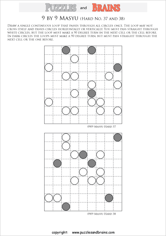 printable difficult level 9 by 9 Japanese Masyu Circles logic puzzles for young and old.