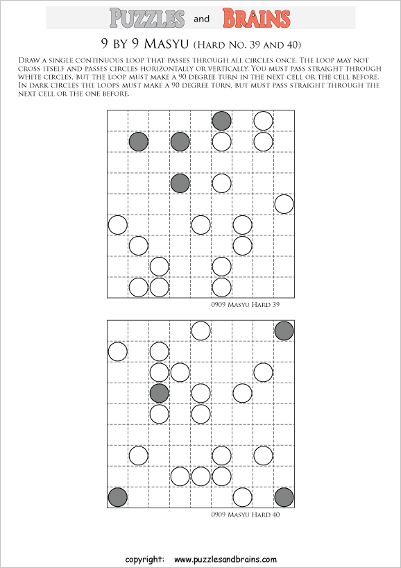 printable difficult level 9 by 9 Japanese Masyu Circles logic puzzles for young and old.