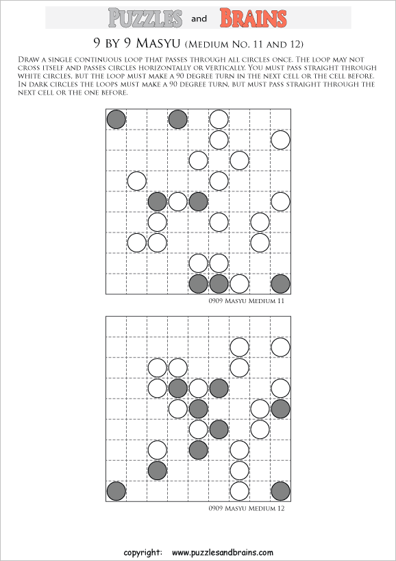 printable medium level 9 by 9 Japanese Masyu Circles logic puzzles for young and old.