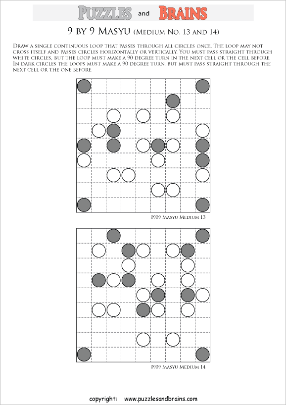 printable medium level 9 by 9 Japanese Masyu Circles logic puzzles for young and old.