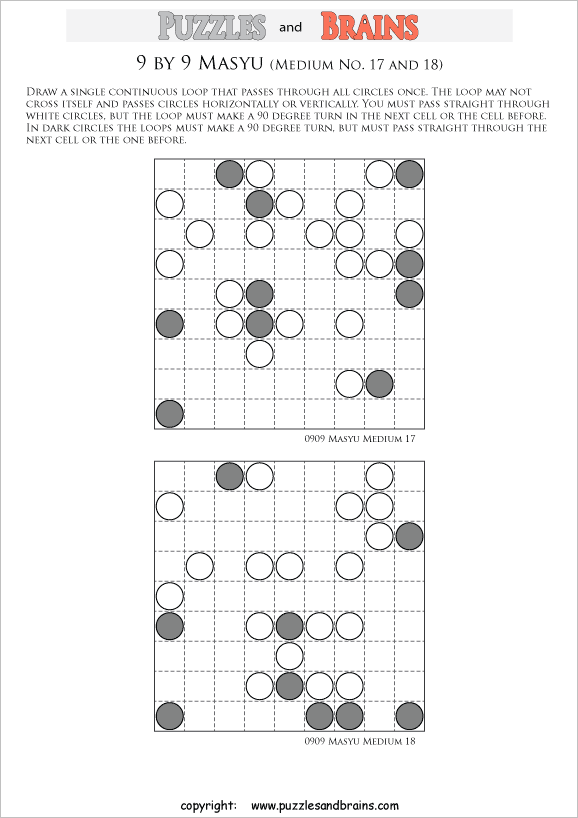 printable medium level 9 by 9 Japanese Masyu Circles logic puzzles for young and old.