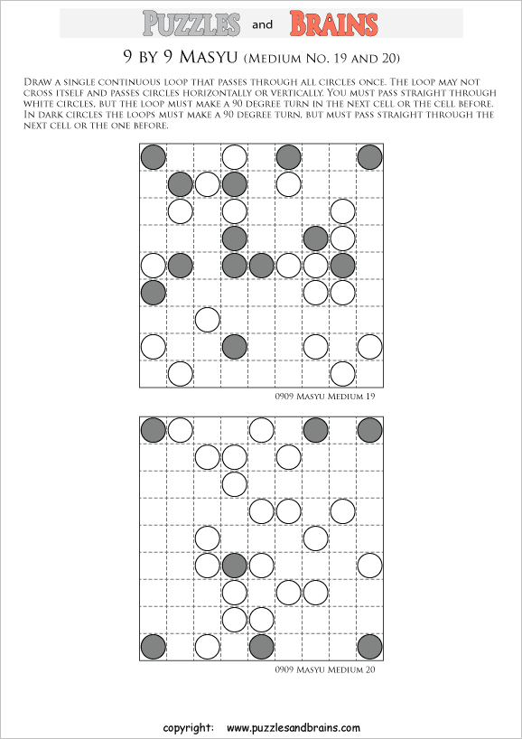 printable medium level 9 by 9 Japanese Masyu Circles logic puzzles for young and old.