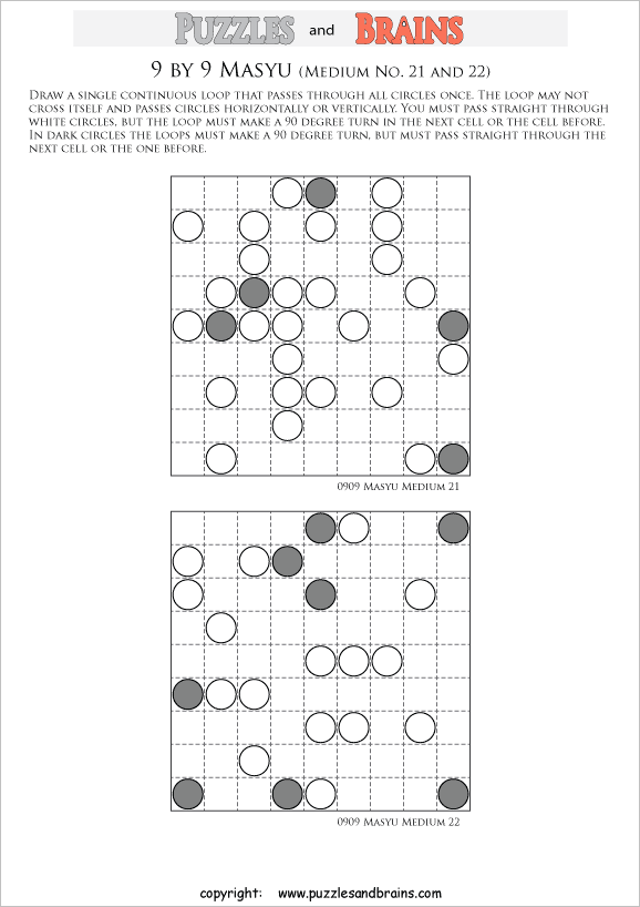 printable medium level 9 by 9 Japanese Masyu Circles logic puzzles for young and old.