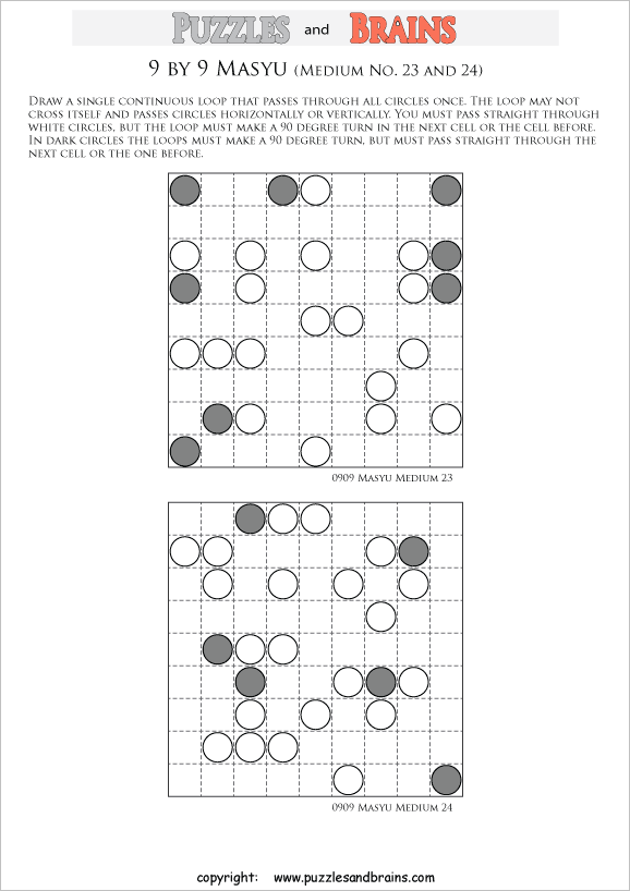 printable medium level 9 by 9 Japanese Masyu Circles logic puzzles for young and old.