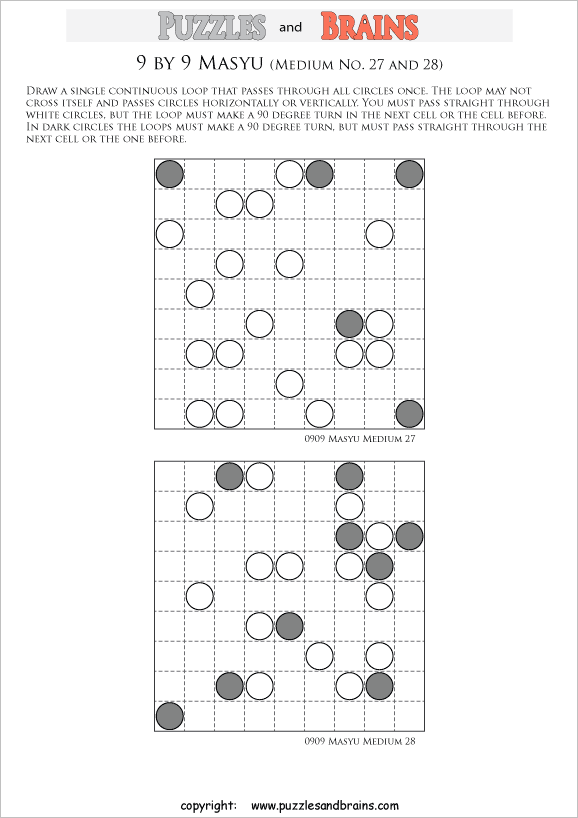 printable medium level 9 by 9 Japanese Masyu Circles logic puzzles for young and old.