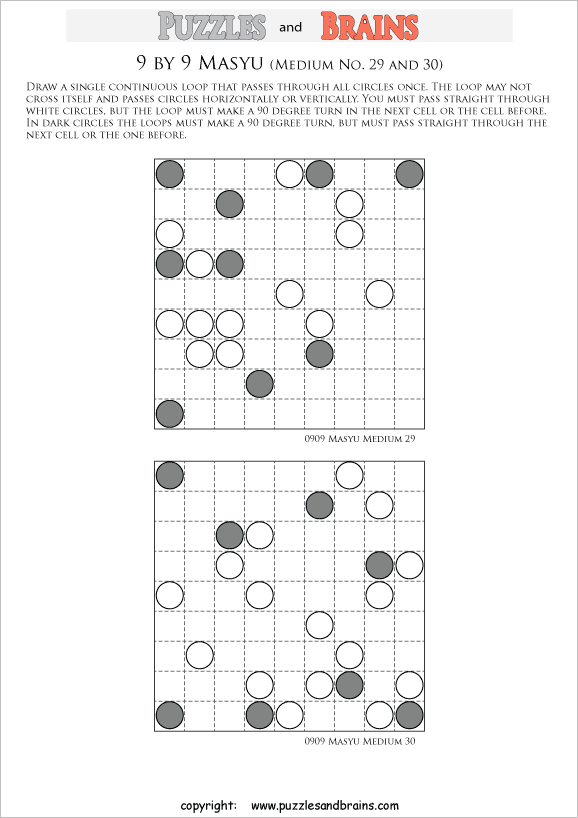 printable medium level 9 by 9 Japanese Masyu Circles logic puzzles for young and old.