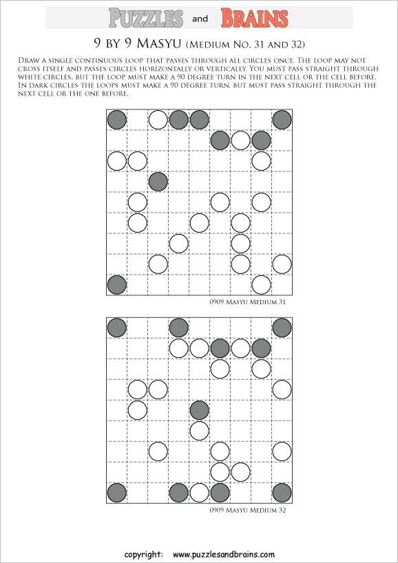 printable medium level 9 by 9 Japanese Masyu Circles logic puzzles for young and old.