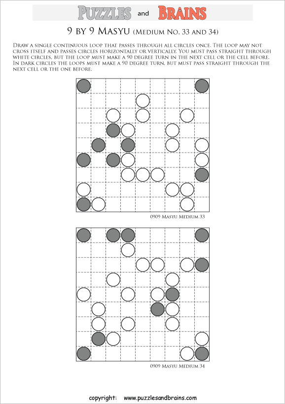 printable medium level 9 by 9 Japanese Masyu Circles logic puzzles for young and old.