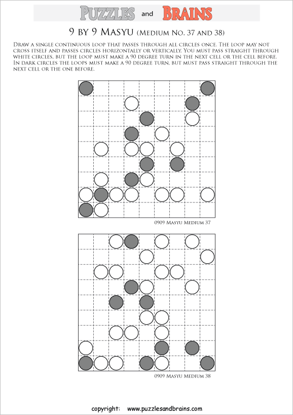 printable medium level 9 by 9 Japanese Masyu Circles logic puzzles for young and old.