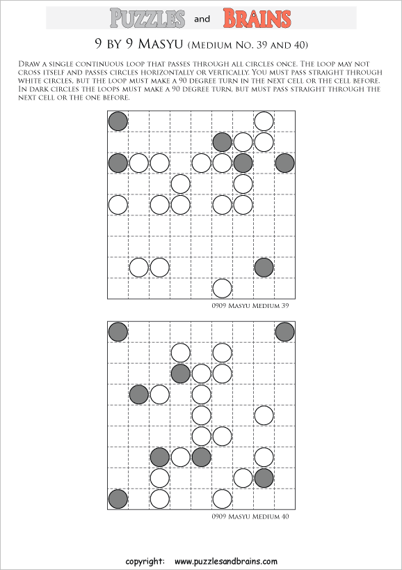 printable medium level 9 by 9 Japanese Masyu Circles logic puzzles for young and old.