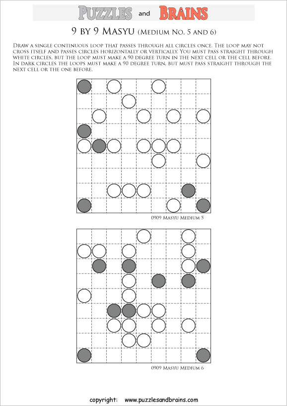 printable medium level 9 by 9 Japanese Masyu Circles logic puzzles for young and old.