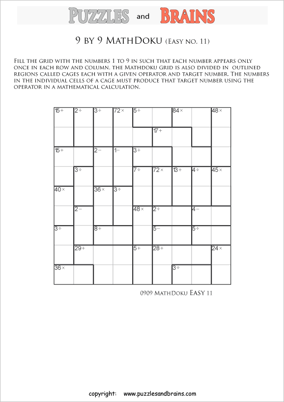 printable 9 by 9 easier level Mathdoku, KenKen-like, math puzzles for young and old