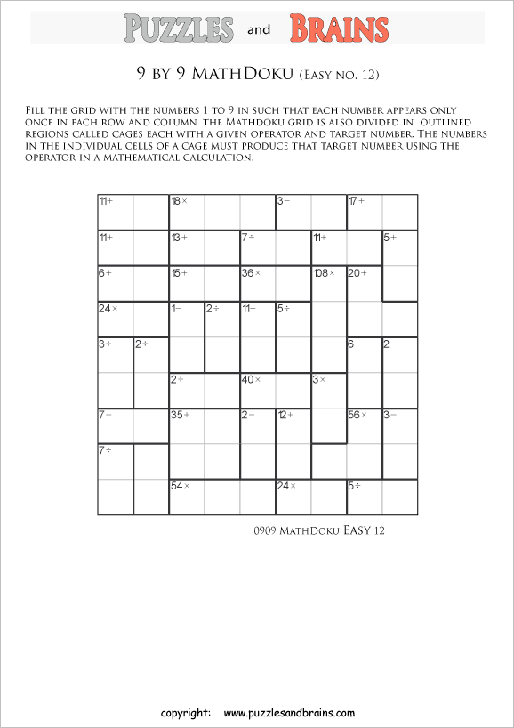 printable 9 by 9 easier level Mathdoku, KenKen-like, math puzzles for young and old