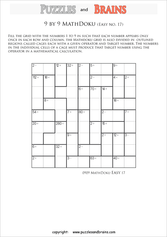 printable 9 by 9 easier level Mathdoku, KenKen-like, math puzzles for young and old