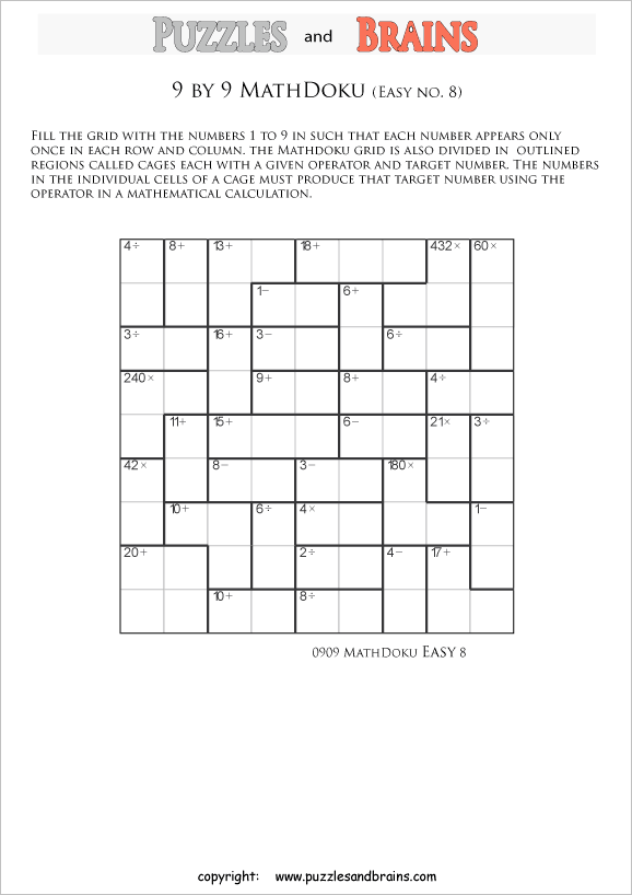 printable 9 by 9 easier level Mathdoku, KenKen-like, math puzzles for young and old