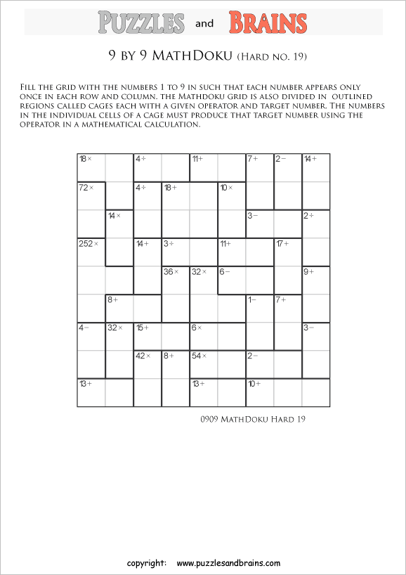 printable 9 by 9 difficult level Mathdoku, KenKen-like, math puzzles for young and old