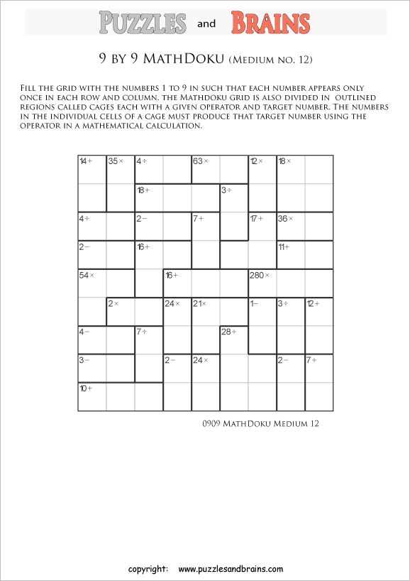 printable 9 by 9 medium level Mathdoku, KenKen-like, math puzzles for young and old