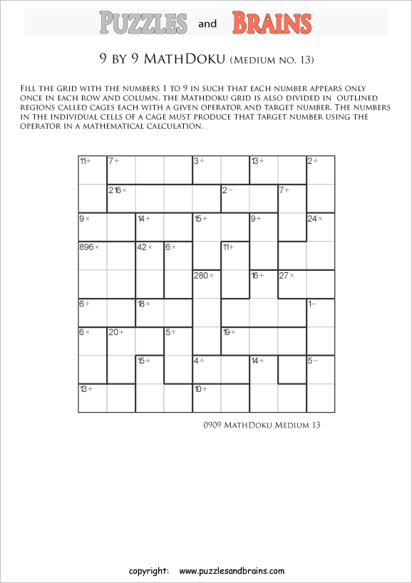 printable 9 by 9 medium level Mathdoku, KenKen-like, math puzzles for young and old