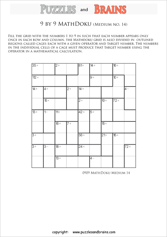 printable 9 by 9 medium level Mathdoku, KenKen-like, math puzzles for young and old