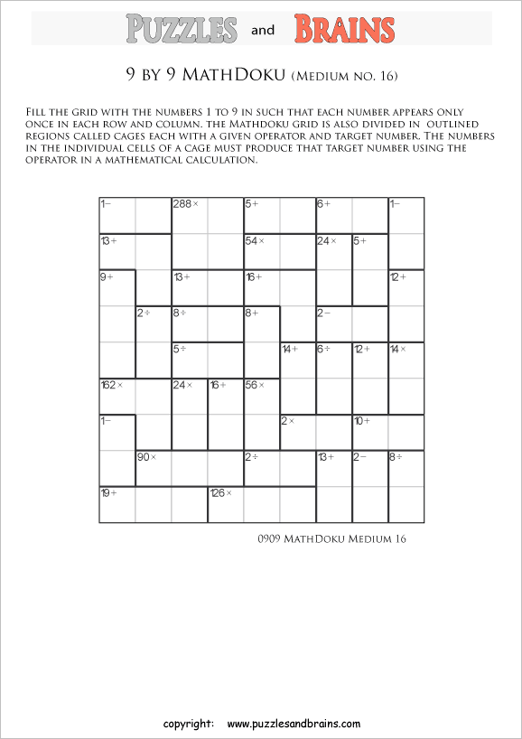 printable 9 by 9 medium level Mathdoku, KenKen-like, math puzzles for young and old