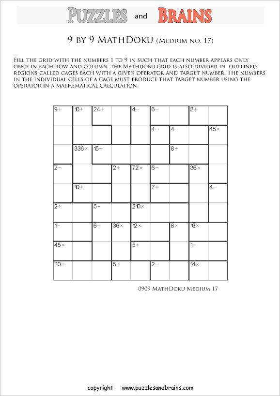 printable 9 by 9 medium level Mathdoku, KenKen-like, math puzzles for young and old