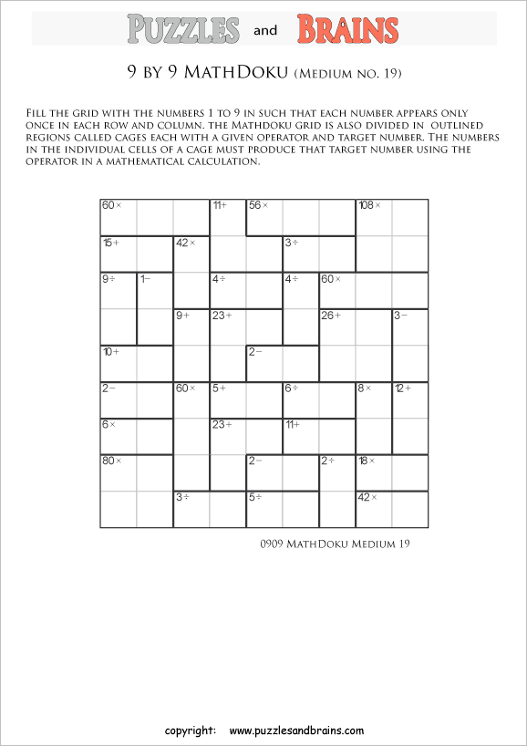 printable 9 by 9 medium level Mathdoku, KenKen-like, math puzzles for young and old