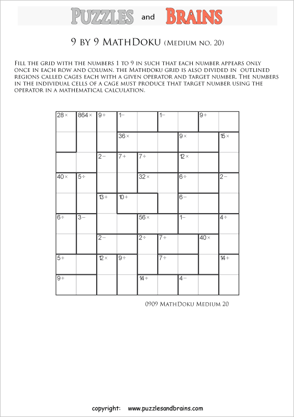 printable 9 by 9 medium level Mathdoku, KenKen-like, math puzzles for young and old