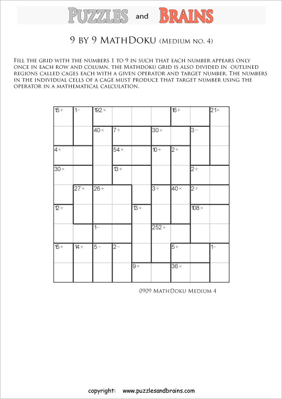 printable 9 by 9 medium level Mathdoku, KenKen-like, math puzzles for young and old